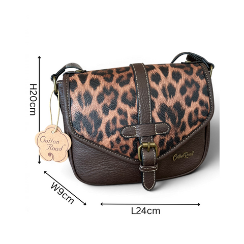 Cotton Road Sling Bag: BROWN PU Leather with LEOPARD Print Flap