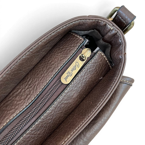 Cotton Road Sling Bag: BROWN PU Leather with LEOPARD Print Flap