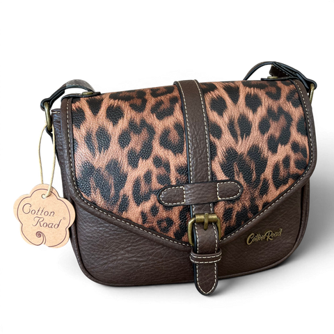 Cotton Road Sling Bag: BROWN PU Leather with LEOPARD Print Flap