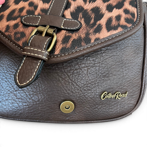 Cotton Road Sling Bag: BROWN PU Leather with LEOPARD Print Flap