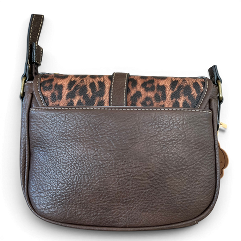 Cotton Road Sling Bag: BROWN PU Leather with LEOPARD Print Flap