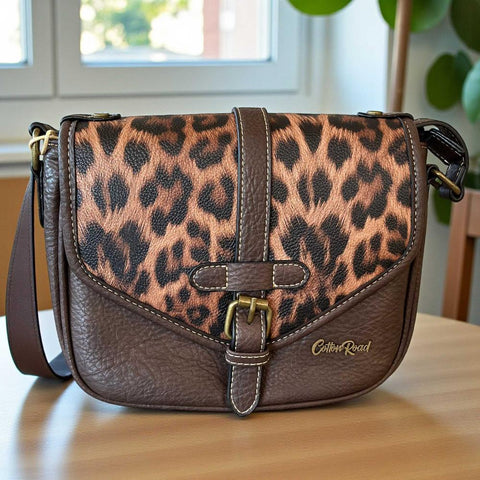 Cotton Road Sling Bag: BROWN PU Leather with LEOPARD Print Flap
