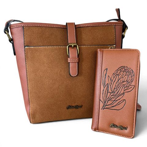 Cotton Road Sling Bag: BROWN PU Leather with Matching Protea Wallet Design