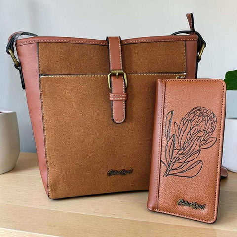 Cotton Road Sling Bag: BROWN PU Leather with Matching Protea Wallet Design