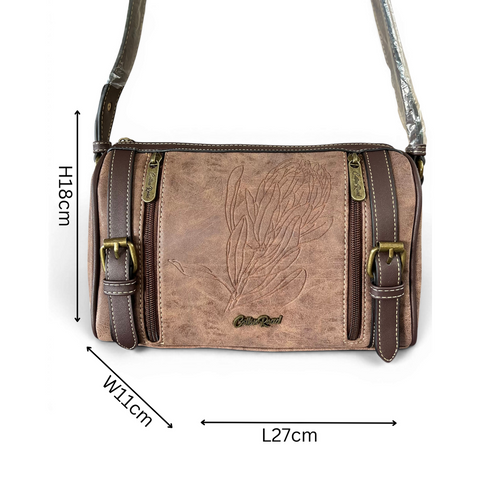 Cotton Road Sling Bag: BROWN PU Leather with PROTEA Design