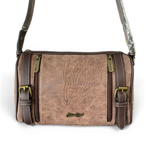 Cotton Road Sling Bag: BROWN PU Leather with PROTEA Design