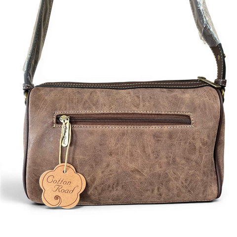 Cotton Road Sling Bag: BROWN PU Leather with PROTEA Design