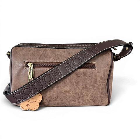 Cotton Road Sling Bag: BROWN PU Leather with PROTEA Design