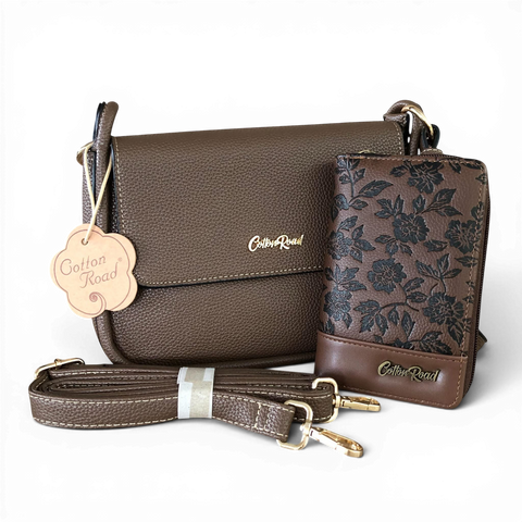 Cotton Road Sling Bag: BROWN PU Leather with Shoulder Strap and Matching Wallet