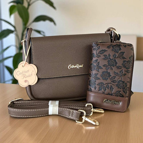 Cotton Road Sling Bag: BROWN PU Leather with Shoulder Strap and Matching Wallet