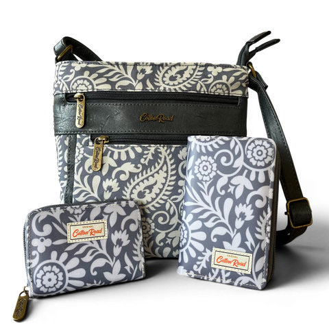 Cotton Road Sling Bag: Blue Paisley Design Canvas with Matching Wallet and Card Holder