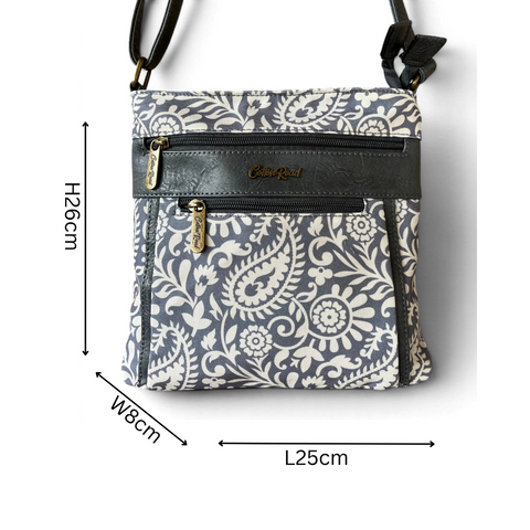 Cotton Road Sling Bag: Blue Paisley Design Canvas with Matching Wallet and Card Holder