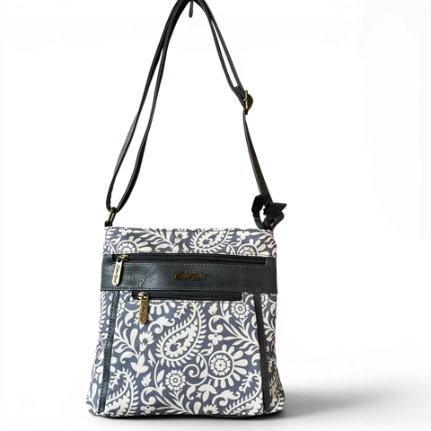 Cotton Road Sling Bag: Blue Paisley Design Canvas with Matching Wallet and Card Holder