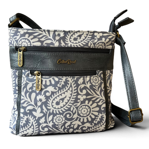 Cotton Road Sling Bag: Blue Paisley Design Canvas with Matching Wallet and Card Holder