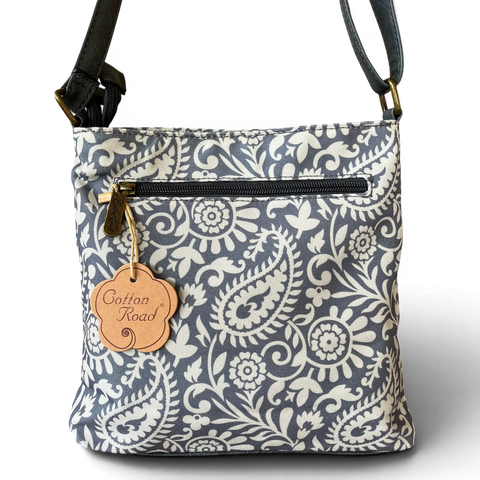 Cotton Road Sling Bag: Blue Paisley Design Canvas with Matching Wallet and Card Holder