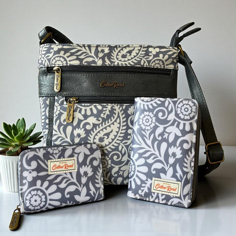 Cotton Road Sling Bag: Blue Paisley Design Canvas with Matching Wallet and Card Holder
