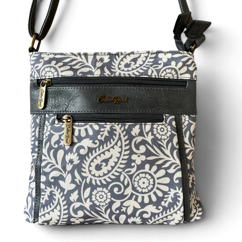 Cotton Road Sling Bag: Blue Paisley Design Canvas with PU Leather Trim