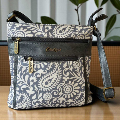 Cotton Road Sling Bag: Blue Paisley Design Canvas with PU Leather Trim