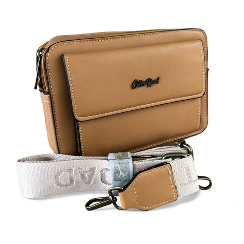 Cotton Road Sling Bag: CAMEL PU Leather Sling Bag with BRANDED STRAP