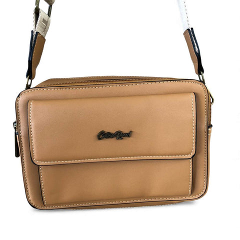 Cotton Road Sling Bag: CAMEL PU Leather Sling Bag with BRANDED STRAP