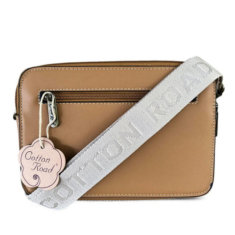 Cotton Road Sling Bag: CAMEL PU Leather Sling Bag with BRANDED STRAP