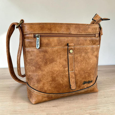 Cotton Road Sling Bag: CAMEL PU Leather with STRAP detailing