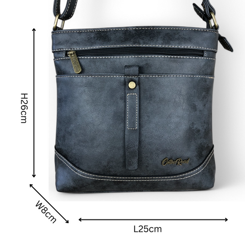 Cotton Road Sling Bag: CHARCOAL BLACK PU Leather Sling Bag with STRAP detailing