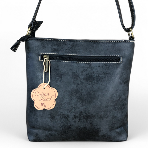 Cotton Road Sling Bag: CHARCOAL BLACK PU Leather Sling Bag with STRAP detailing