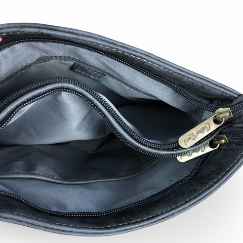 Cotton Road Sling Bag: CHARCOAL BLACK PU Leather Sling Bag with STRAP detailing
