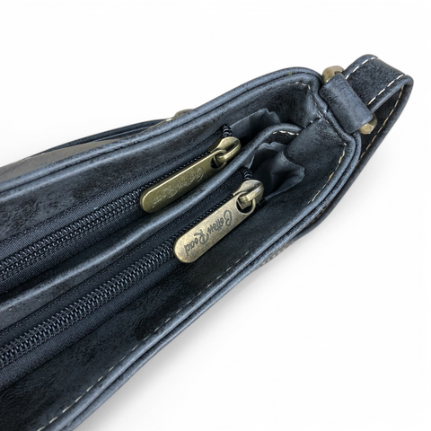 Cotton Road Sling Bag: CHARCOAL BLACK PU Leather Sling Bag with STRAP detailing