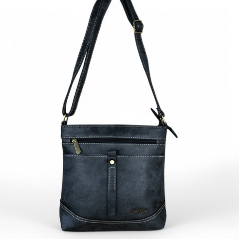 Cotton Road Sling Bag: CHARCOAL BLACK PU Leather Sling Bag with STRAP detailing