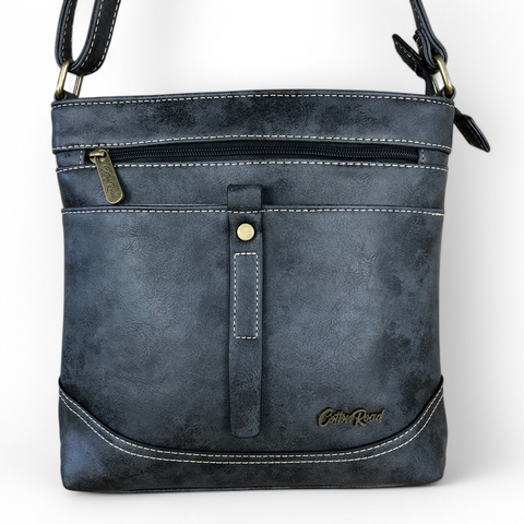 Cotton Road Sling Bag: CHARCOAL BLACK PU Leather Sling Bag with STRAP detailing