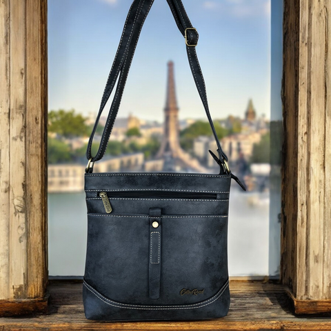 Cotton Road Sling Bag: CHARCOAL BLACK PU Leather Sling Bag with STRAP detailing