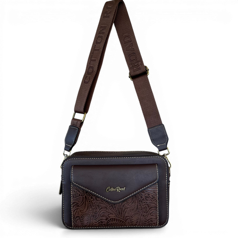 Cotton Road Sling Bag: COFFEE BROWN PU Leather Crossbody with EMBOSSED Design