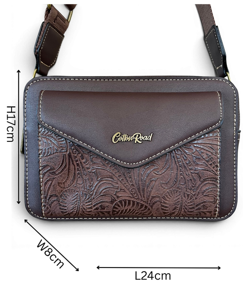 Cotton Road Sling Bag: COFFEE BROWN PU Leather Crossbody with EMBOSSED Design