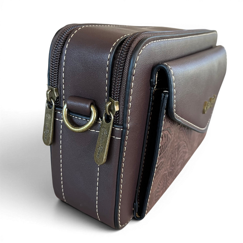 Cotton Road Sling Bag: COFFEE BROWN PU Leather Crossbody with EMBOSSED Design