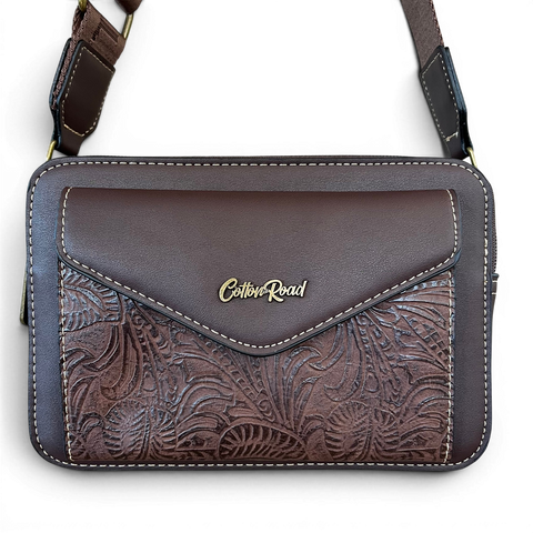 Cotton Road Sling Bag: COFFEE BROWN PU Leather Crossbody with EMBOSSED Design