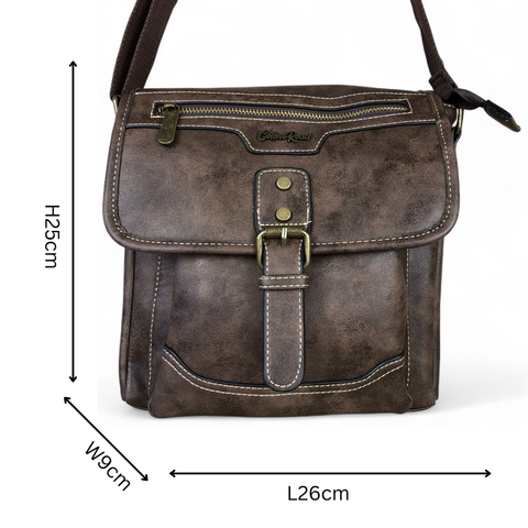 Cotton Road Sling Bag: COFFEE BROWN PU Leather Sling Bag with BUCKLE detailing