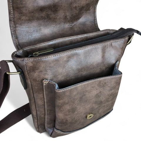 Cotton Road Sling Bag: COFFEE BROWN PU Leather Sling Bag with BUCKLE detailing