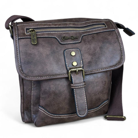 Cotton Road Sling Bag: COFFEE BROWN PU Leather Sling Bag with BUCKLE detailing