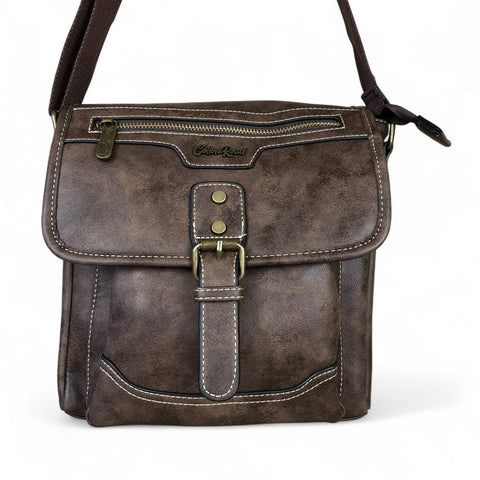 Cotton Road Sling Bag: COFFEE BROWN PU Leather Sling Bag with BUCKLE detailing