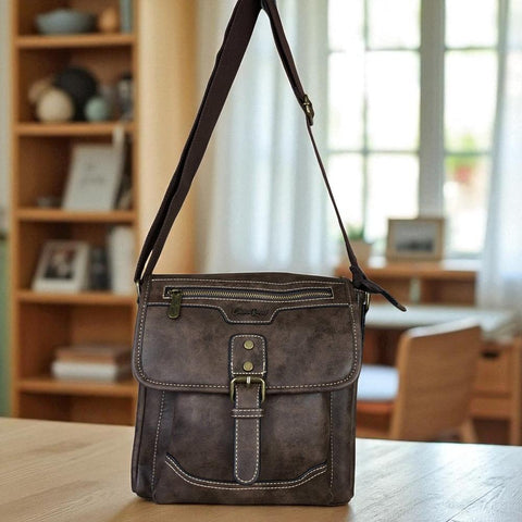 Cotton Road Sling Bag: COFFEE BROWN PU Leather Sling Bag with BUCKLE detailing