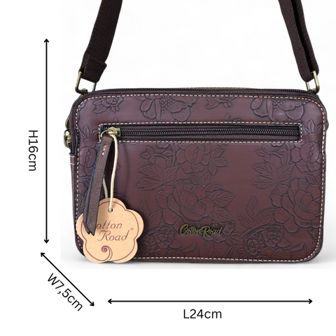 Cotton Road Sling Bag: COFFEE BROWN PU Leather Sling Bag with EMBOSSED FLOWERS
