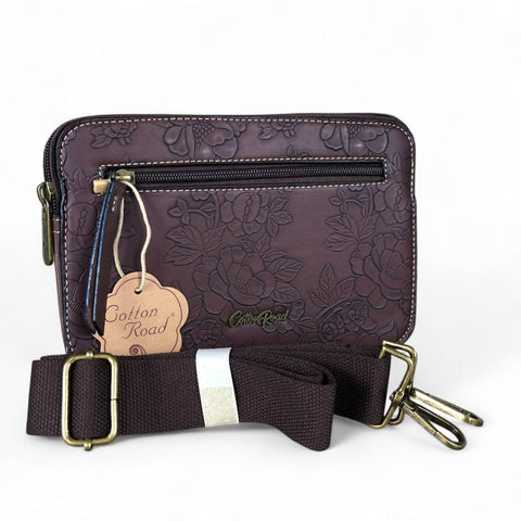 Cotton Road Sling Bag: COFFEE BROWN PU Leather Sling Bag with EMBOSSED FLOWERS
