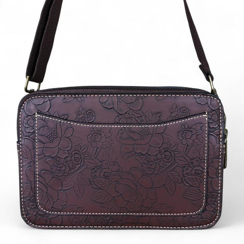 Cotton Road Sling Bag: COFFEE BROWN PU Leather Sling Bag with EMBOSSED FLOWERS