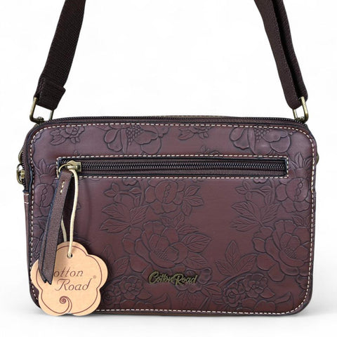 Cotton Road Sling Bag: COFFEE BROWN PU Leather Sling Bag with EMBOSSED FLOWERS