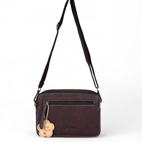 Cotton Road Sling Bag: COFFEE BROWN PU Leather Sling Bag with EMBOSSED FLOWERS