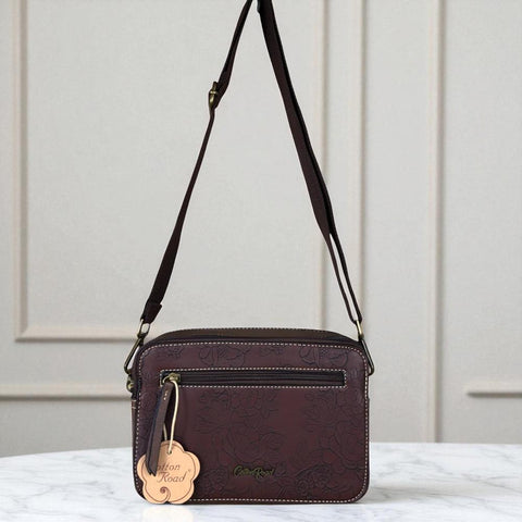Cotton Road Sling Bag: COFFEE BROWN PU Leather Sling Bag with EMBOSSED FLOWERS