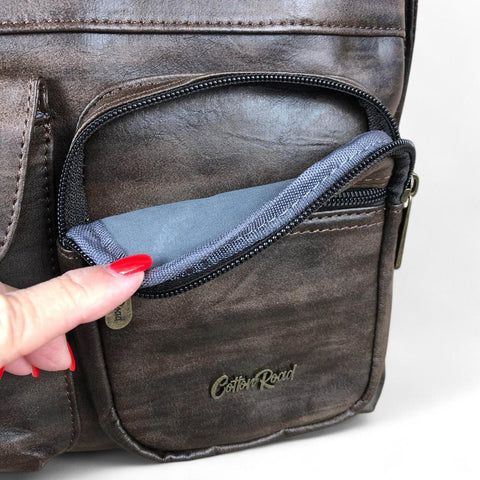 Cotton Road Sling Bag: COFFEE BROWN PU Leather Sling Bag with Pockets