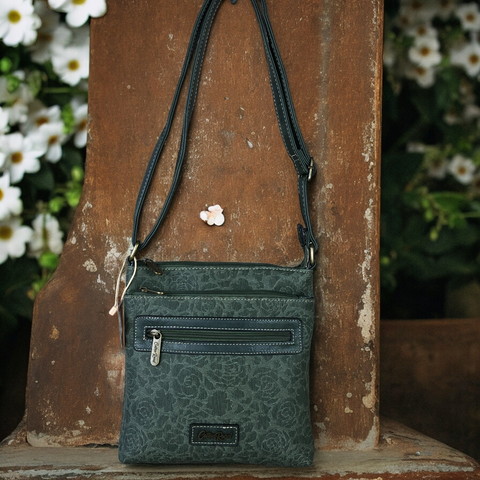 Cotton Road Sling Bag: GREEN FLORAL Printed PU Leather Sling Bag